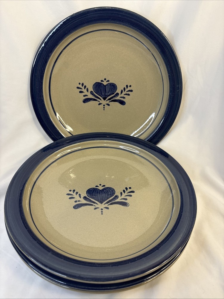 4 Salt-Glaze Stoneware 11.25” Dinner Plate Home Sweet Home Blue Heart Floral