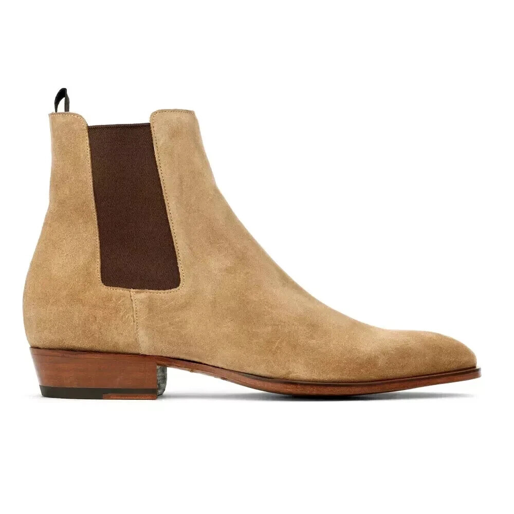 Handmade Beige Suede Mens Chelsea Ankle Casual Boots