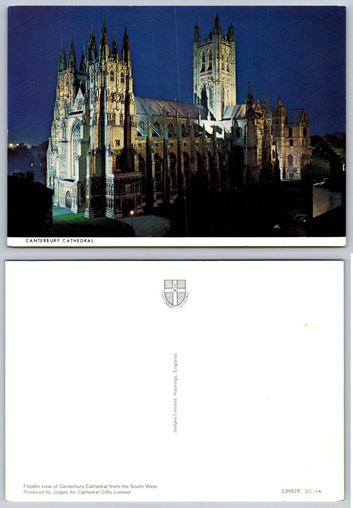 Canterbury Cathedral Floodlit Night View Postcard England UK Architecture