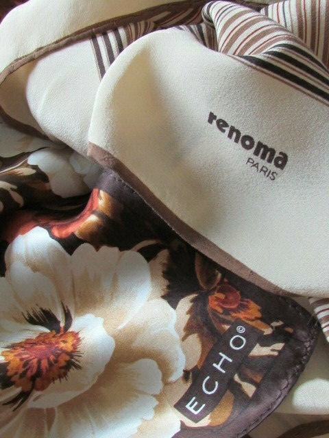 Abstract Vintage Silk Scarves with Floral Peonies in Cream Rust Beige Brown Tones-image
