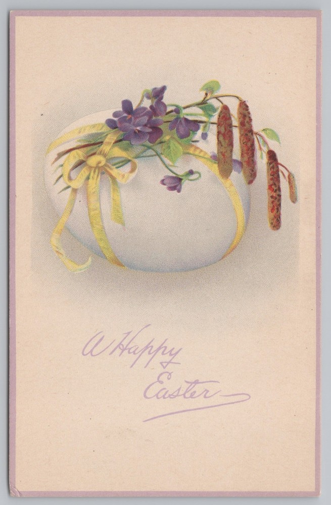 Holiday~Easter Egg Wrapped with Violets & Cattails~Stecher Vintage Postcard