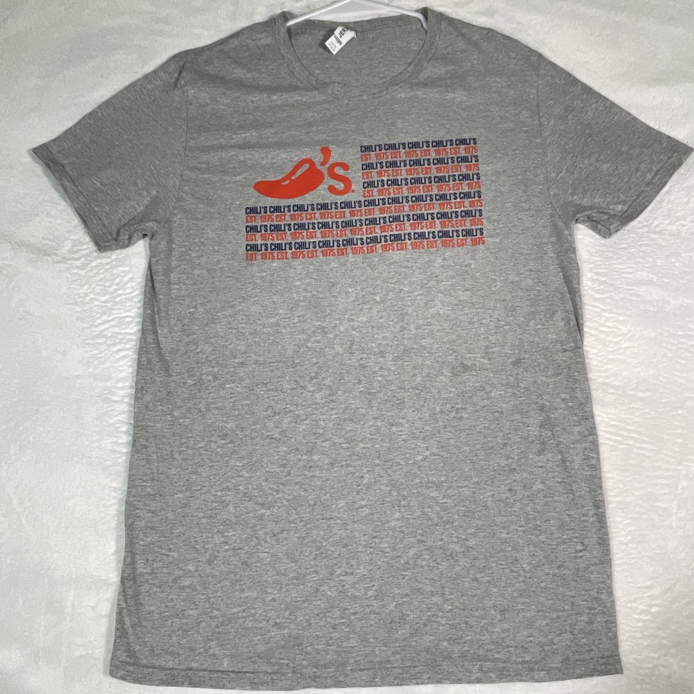 Chilis Restaurant T Shirt 1975 Est. Logo Vintage Look Men’s Medium Grey Staff