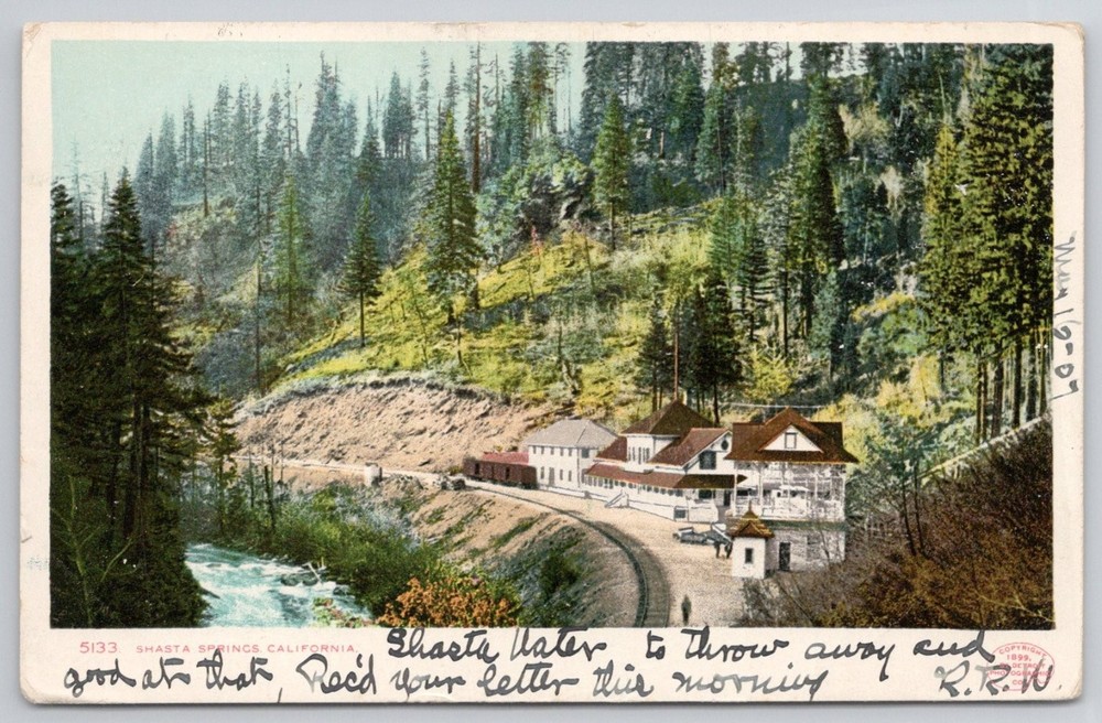 1907 Shasta Springs California Train Station Resort River Postcard Posted