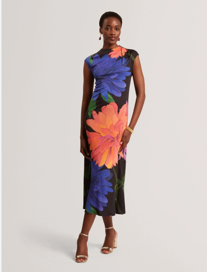 TED BAKER Midi Dress Womens TB 2 UK 10 Ginla Black Floral Print Draped Neck NEW