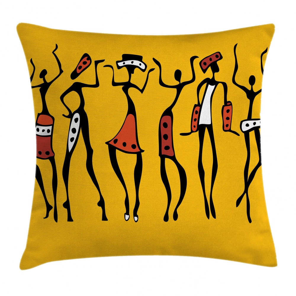 Sketchy Ethnic Dancer African Square Throw Pillow Cover 16 Inches