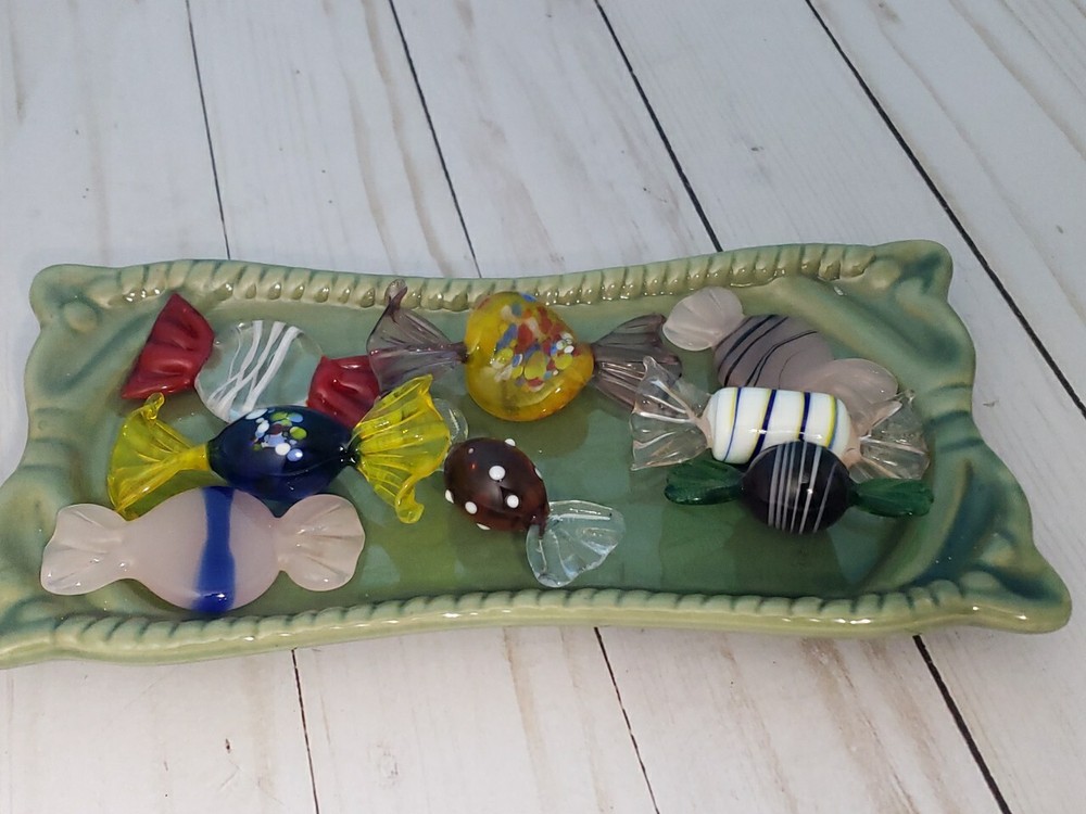 Vintage Lot of 8 Murano Style Blown Art Glass Small Mini Wrapped Candy w/ Tray