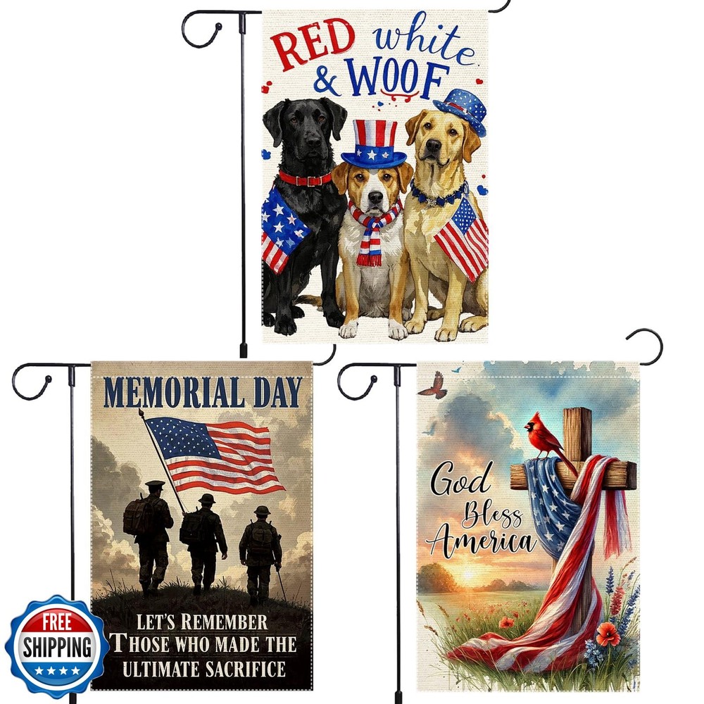 3 Pack Patriotic God Bless America 4th of July 12x18 Inch Garden Flags