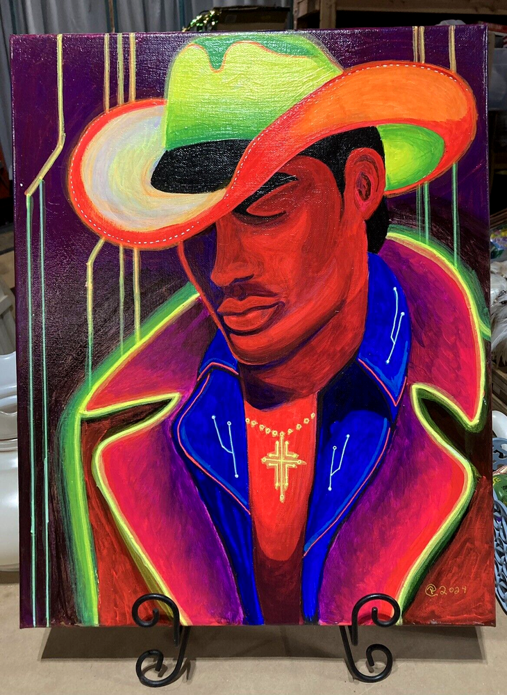 NEON Tejano Cowboy - Black Light reactive  Acrylic Painting on Canvas 16