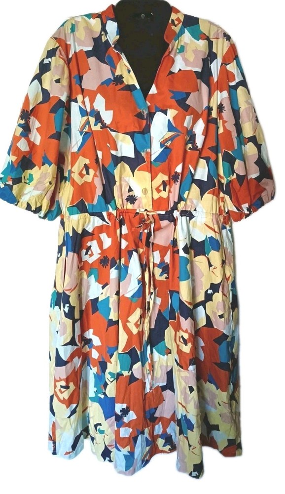52seven Puff Sleeve Dress Size 16 Colorful Floral Drawstring Waist Pockets