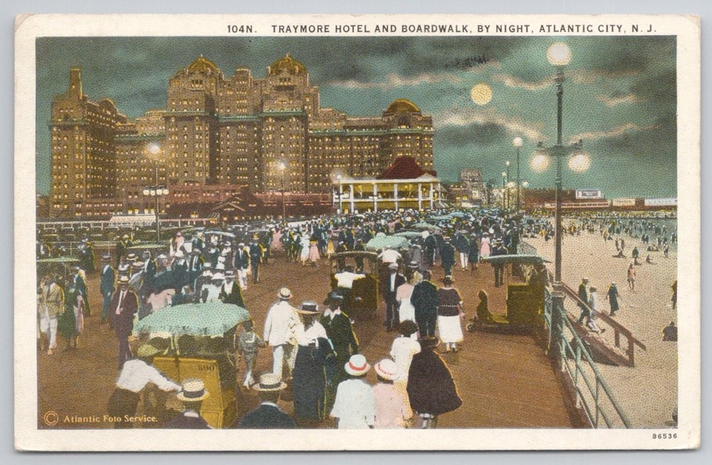 Vintage 1929 Atlantic City NJ Traymore Hotel Boardwalk Night Postcard Posted