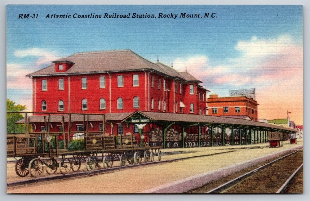 Atlantic Coastline Railroad Station Train Depot Rocky Mount NC DB Postcard P7