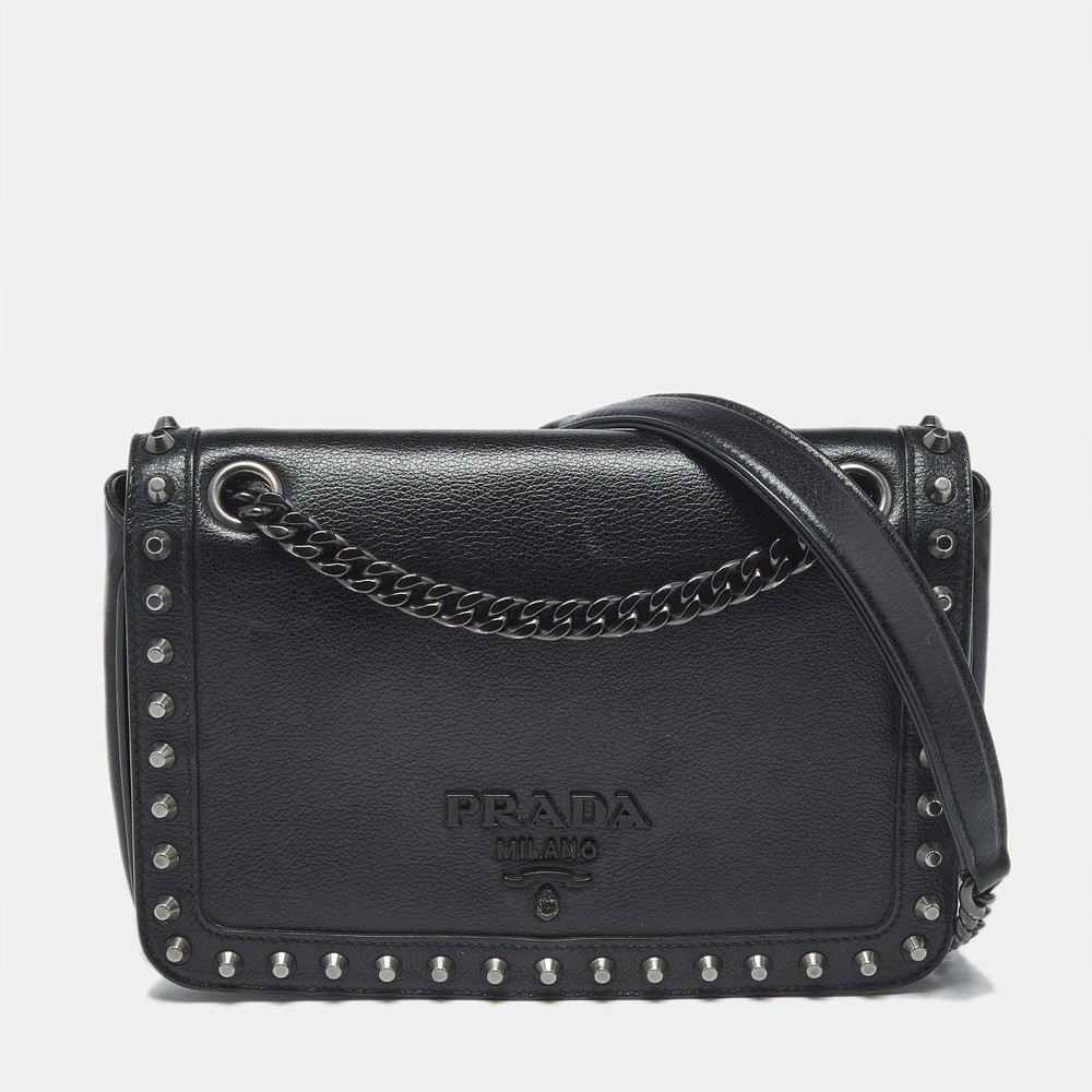 Prada Black Glace Calf Leather Studded Flap Crossbody Bag