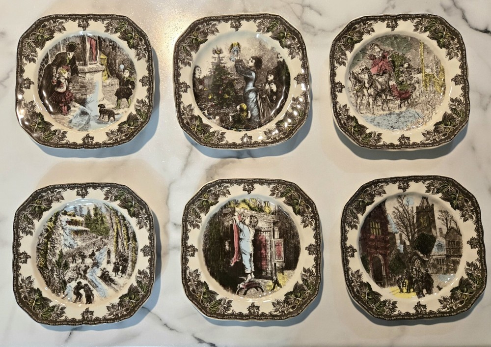 Full Set of 6 Johnson Bros Friendly Village Christmas Accent Plates-image