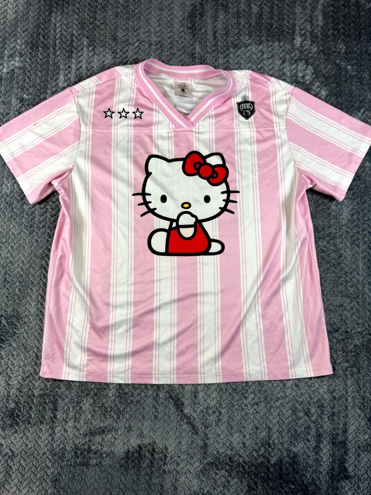 Hello Kitty by Sanrio Soccer Jersey Womens Large Pink White 00 Striped Graphic