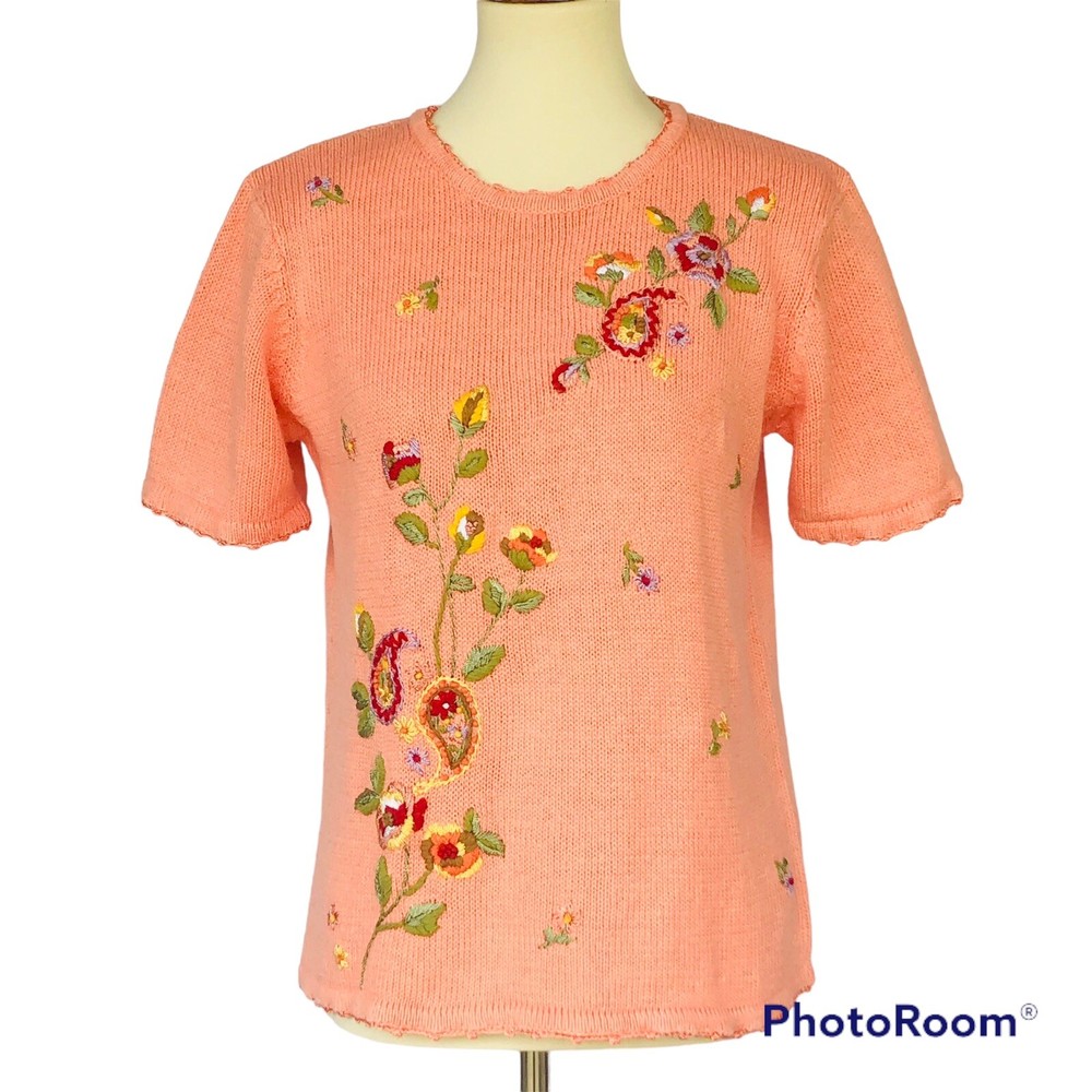 Suéter De Colección Salón Estudio Cottagecore Floral Bordado Melocotón Abuela Tejido Talla M-image