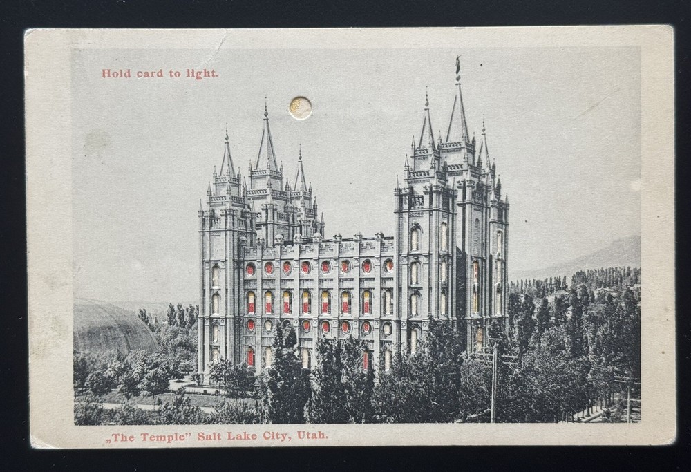 Vtg HOLD-TO-LIGHT Mormon Temple Salt Lake City Utah Antique Novelty HTL PC c1907