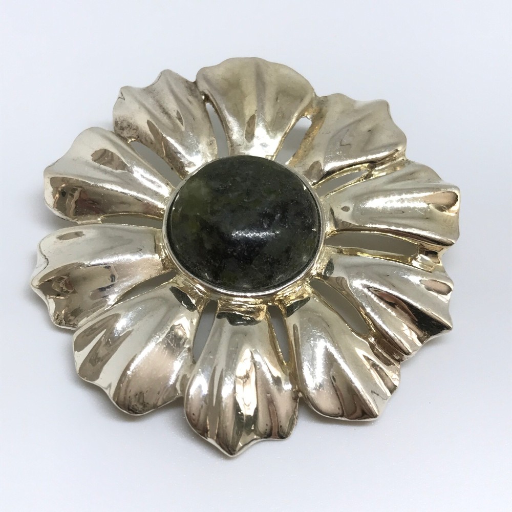 Vintage Ireland 925 Sterling Silver Connemara Marble Flower Brooch Pin Pendant