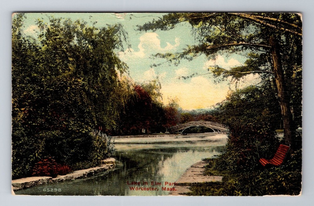 Worcester MA-Massachusetts, Lake In Elm Park, Vintage c1915 Souvenir Postcard