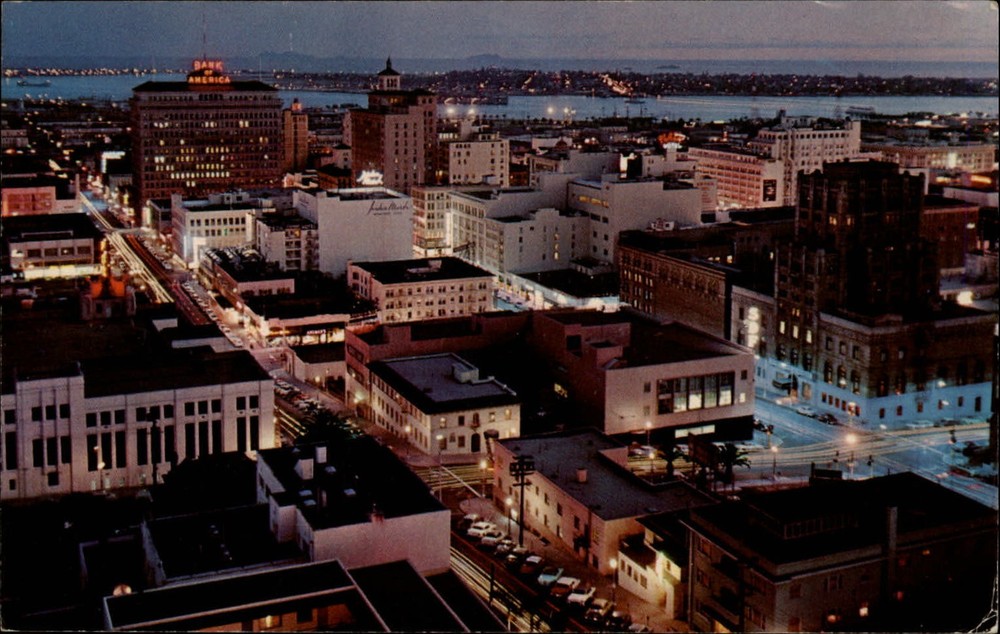 San Diego California downtown night aerial view ~ unused postcard sku089