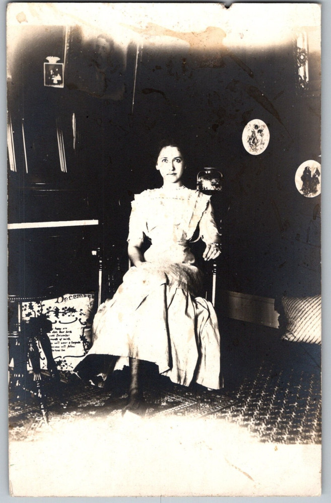 RPPC Woman Sitting with Embroidery Art Portrait Unposted Real Photo Postcard