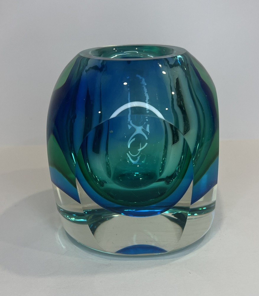 Vintage Flavio Poli Seguso Sommerso Blue Green Italian Murano Glass Bud Vase