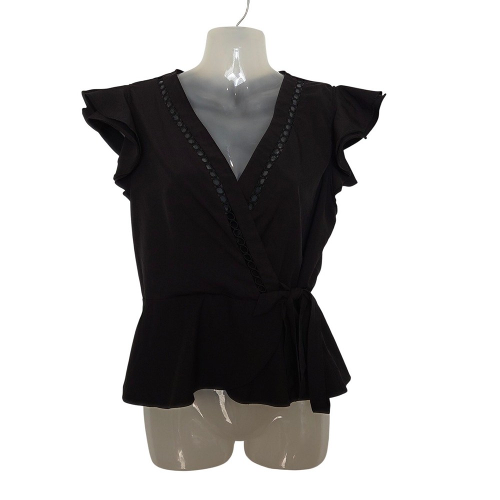 Milk & Honey Black Flutter Sleeve Eyelet Peplum Wrap Blouse Boho Top Size Large