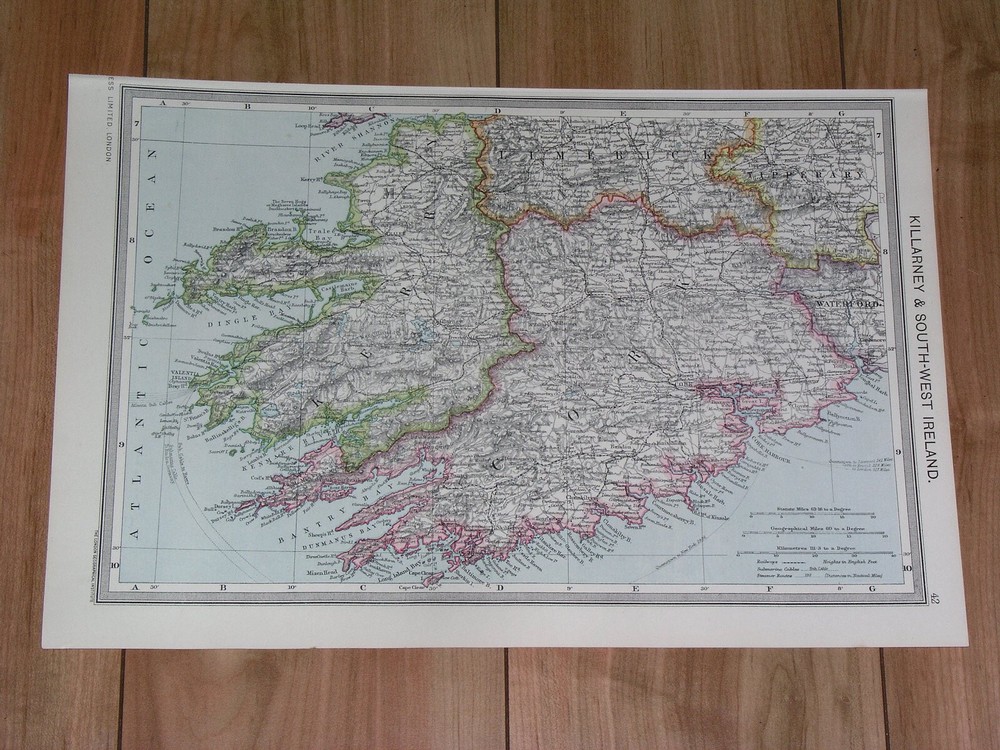 1908 Antique Map Of Cork Kerry Limerick / Ireland