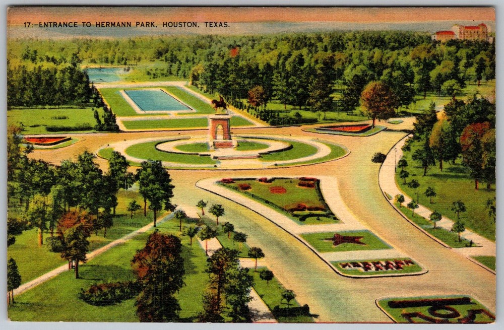 Vtg Linen Postcard Hermann Park Entrance Fountain Houston, TX 1930s