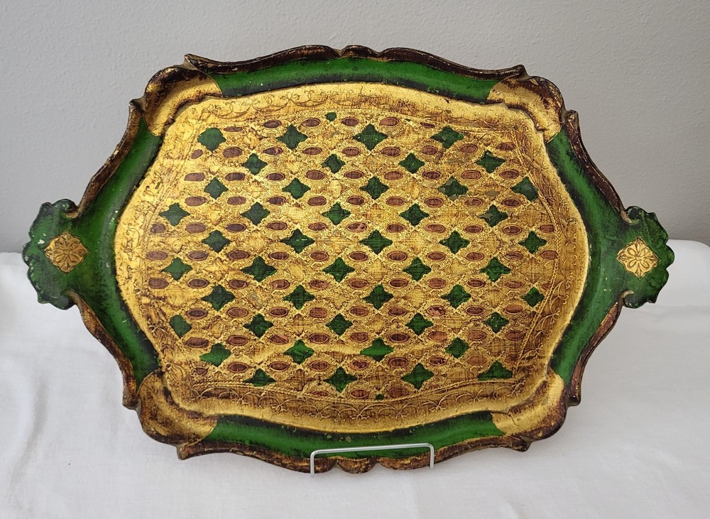 Vintage Italian Florentine Tray Green Gold Hollywood Regency Tole Vanity 19.5