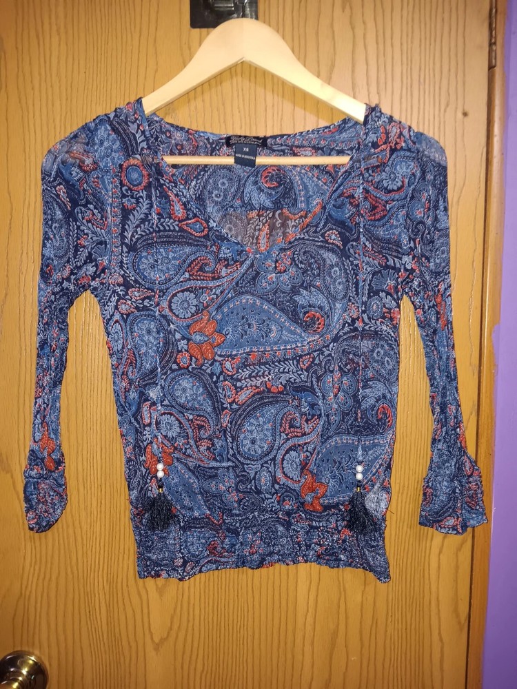 Lucky Brand 3/4 Sleeve Blouse Womens Size Xs Blue Paisley Semi Sheer Lightweight