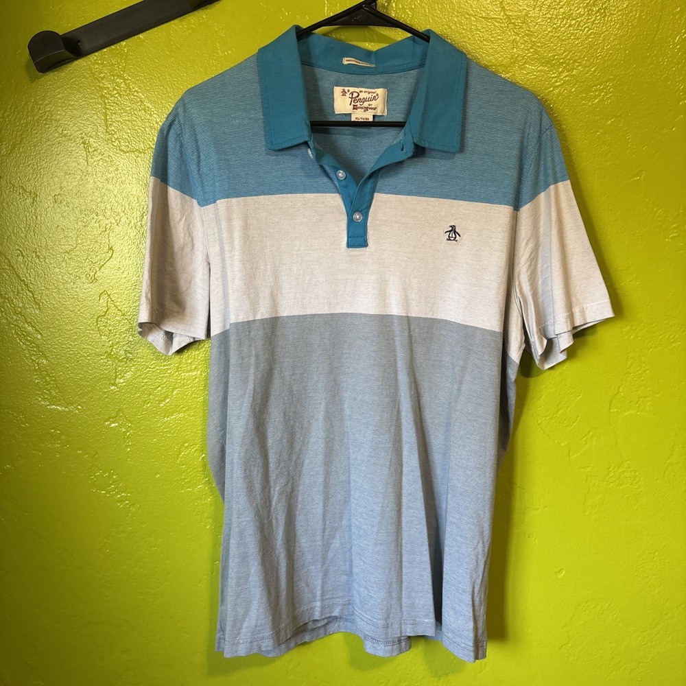 Penguin by Munsingwear Vintage Shirt Men's Size XL Blue Gray Striped Polo