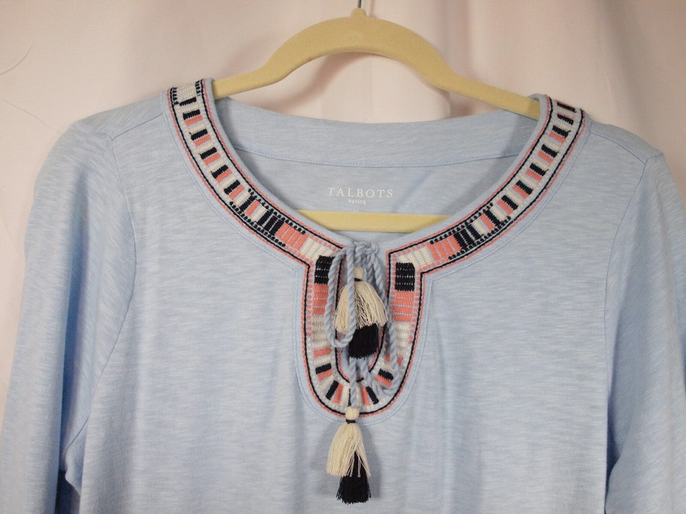Talbots Size Petite M  Embroidered Split Neck BoHo Peasant Top Tasell Tie Tunic