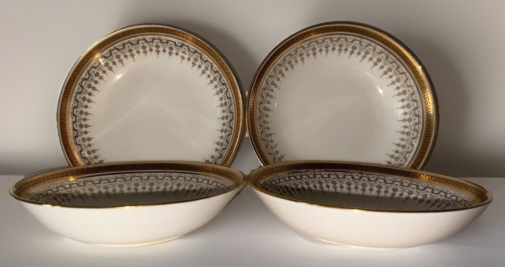 4 Royal Cauldon H8713 Porcelain Fruit Dessert Bowls Gold Rim Greek Key 5 1/2