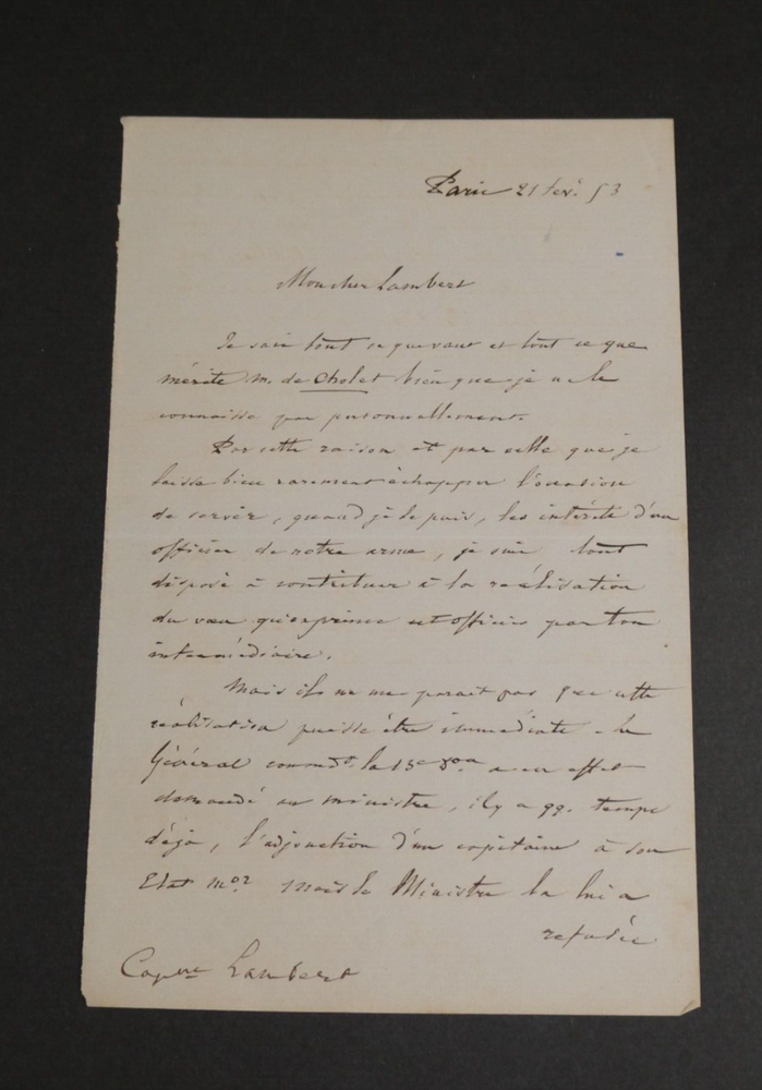 Louis Jules Trochu, General- Signed Autograph Letter to M Lambert, 1853