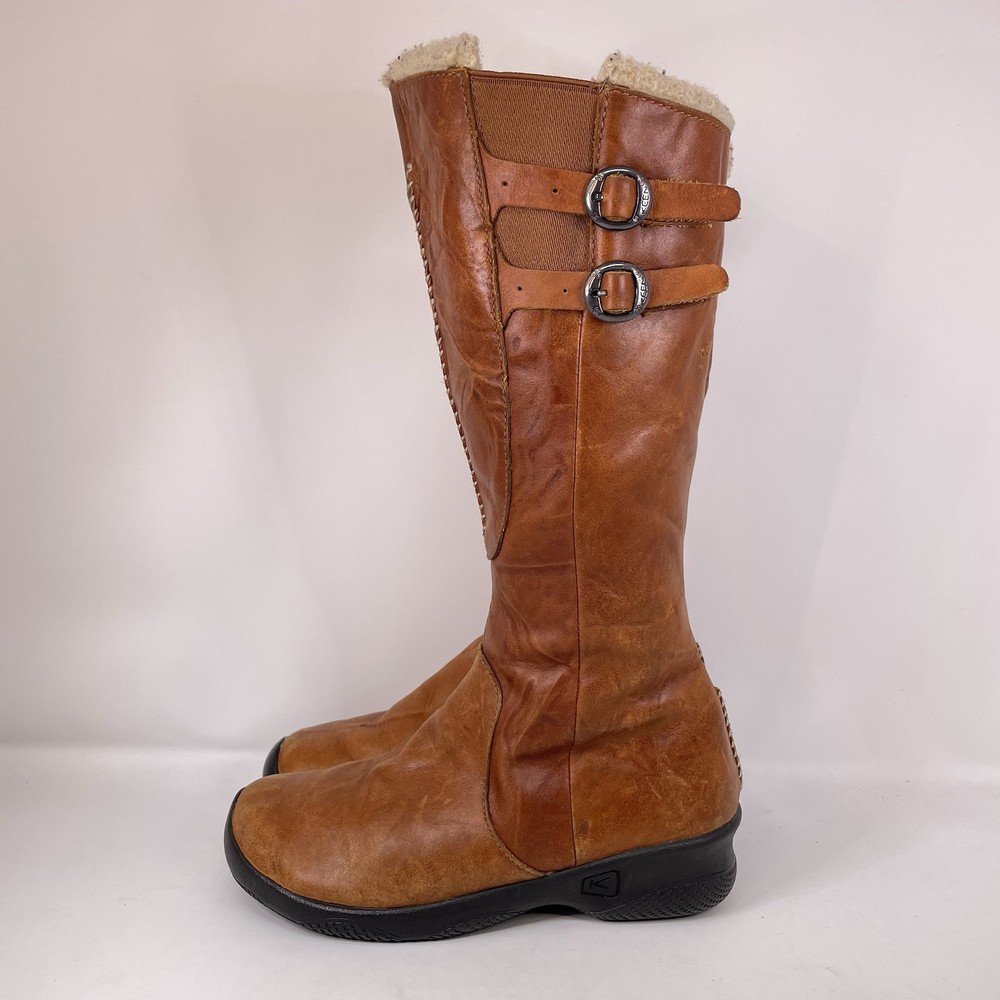 KEEN Bern Tall Leather Boots Womens Size 7 Brown Sherpa Lined Side Zip Winter Boots