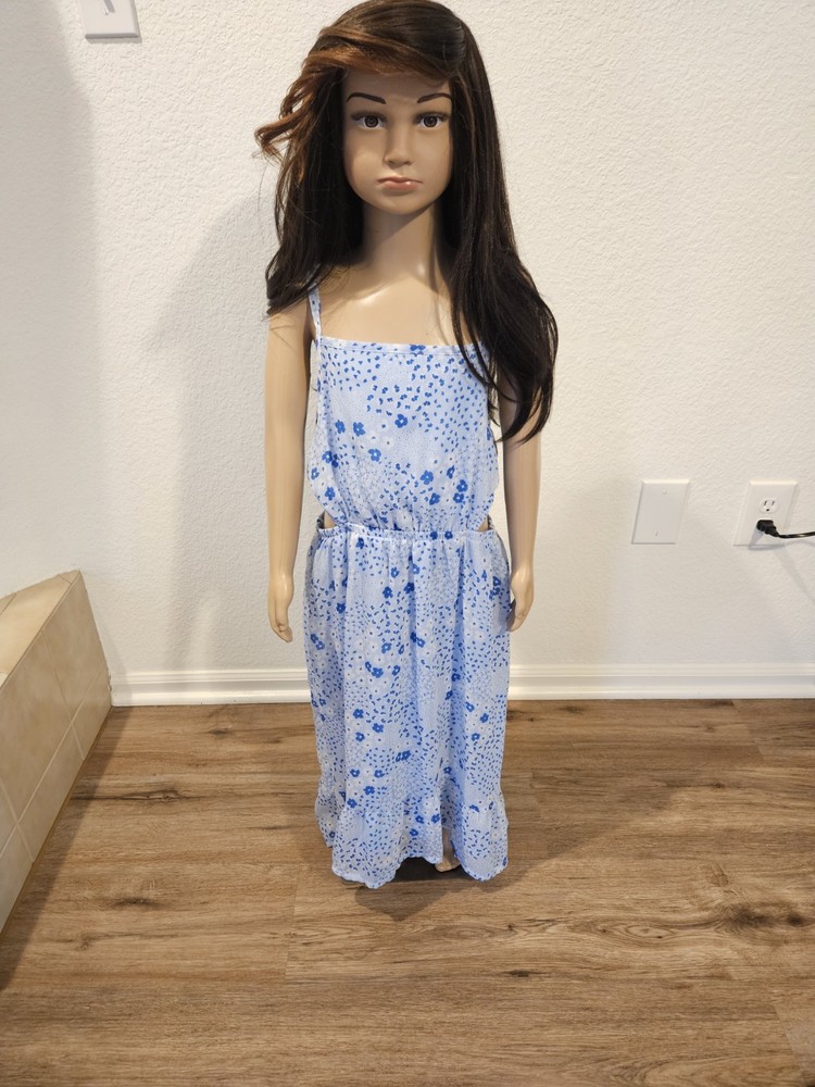 Wonder Nation Girls Sundress Blue White Floral Long Sleeveless Strappy M (7-8)