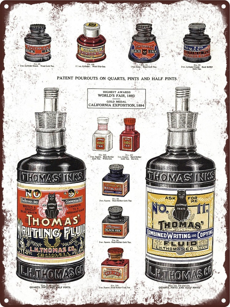 1908 Thomas' Ink Bottles Black Writing Fluid Black Cat Metal Sign 9x12