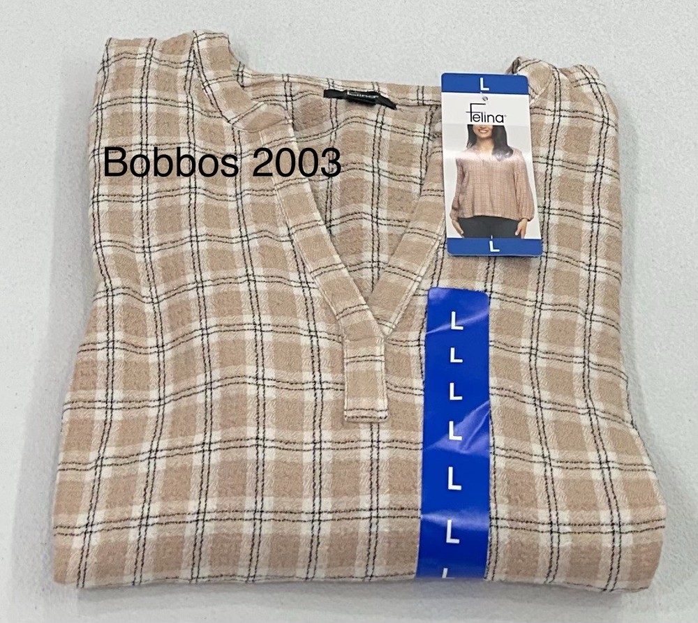 Felina Women's V-Neck Long Sleeve Lurex Plaid Top, Cream Plaid, Size L