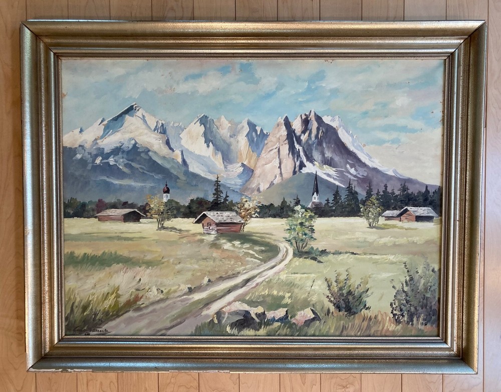 Vintage German Mountain and valley landscape signed oil on canvas framed