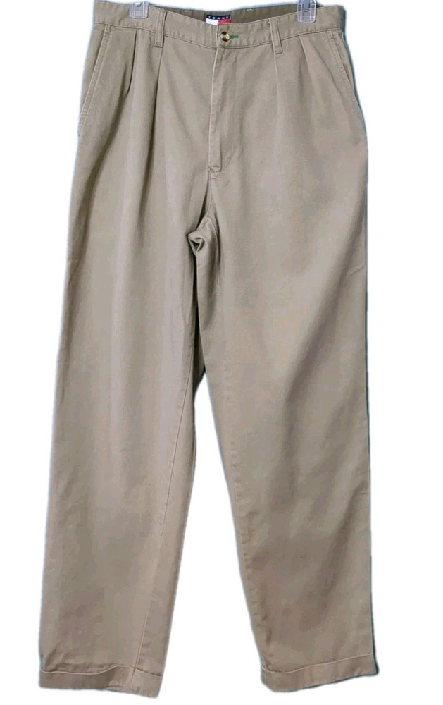 TOMMY HILFIGER Size 33x34 Pleated Khaki Pants Loose Fit Relaxed Baggy VTG Y2K