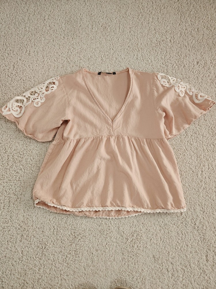 Zara Linen Blend Blouse Lace Crochet Loose V Neck Women M Coastal Vacation Blush