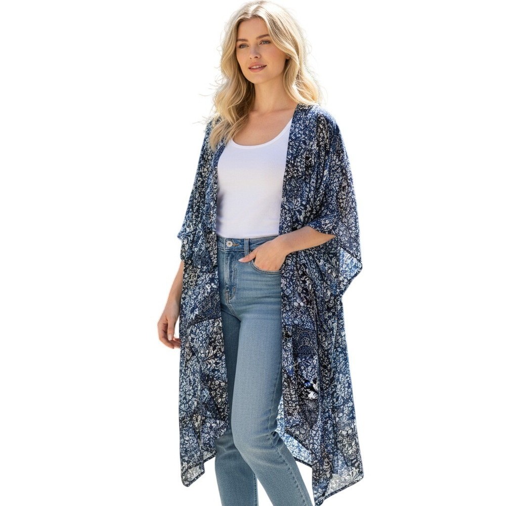 Yak & Yeti Womens Blue Black Floral Patchwork Kimono One Size Coastal Cowgirl