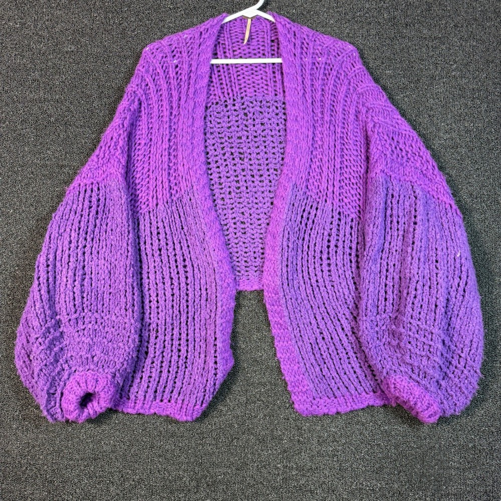 Free People Chamomile Balloon Sleeve Chunky Knit Cardigan Women's M Open Purple
