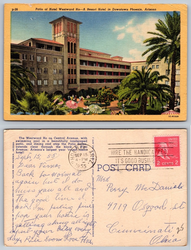 Patio Hotel Westward Ho Phoenix Arizona Postcard