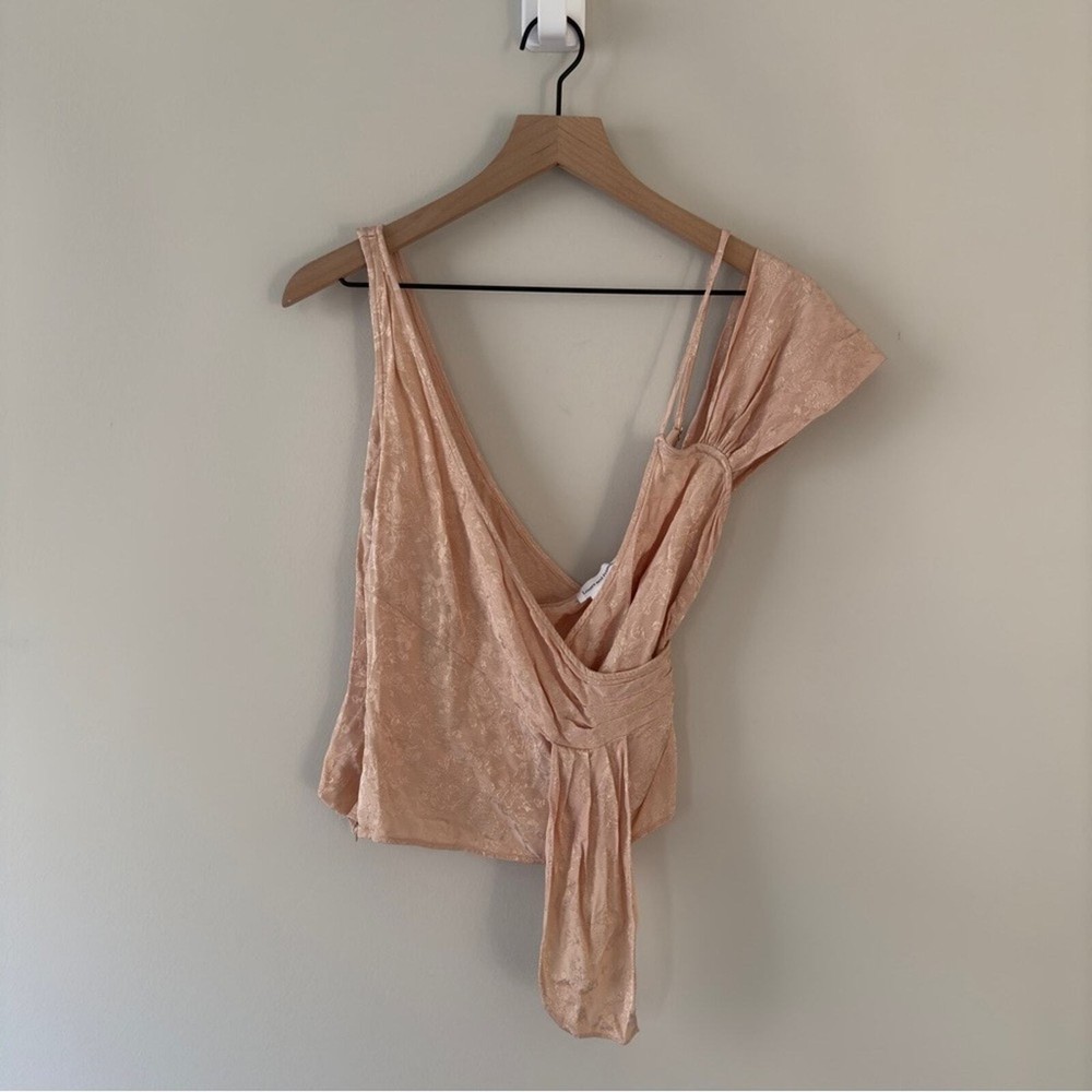 Lovers Friends Revolve Floral Zipper Asymmetric Satin Top in Coquette Pink