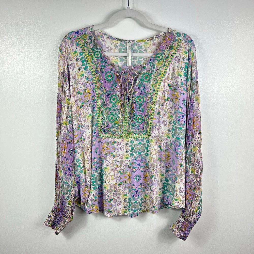 Anthropologie Boho Smocked Peasant Blouse in Purple Green Long Sleeve Size Small