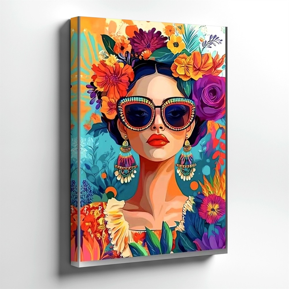 Wall Art Fashion Woman Portrait with Sunglasses Hat Abstract Textured Canvas