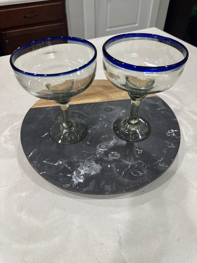 Mexican Hand-Blown Glass Set of 2 Hand-Blown Cobalt Blue Rim Margarita Glasses