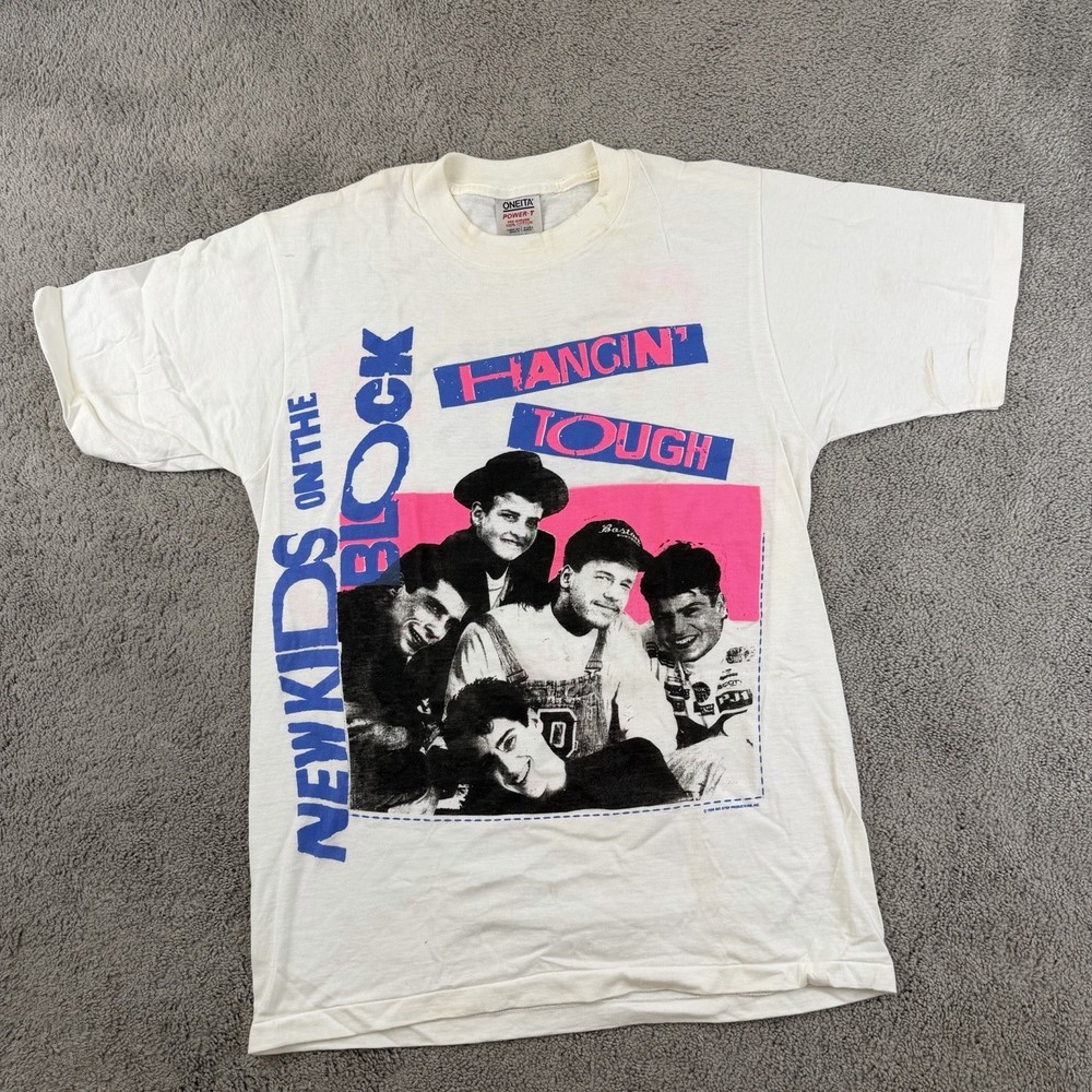 Vintage 1989 New Kids on the Block Hangin' Tough White Pink Shirt Sz Large NKOTB