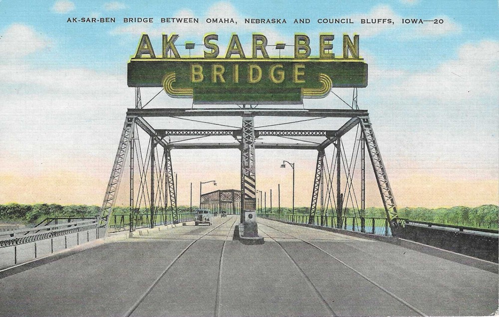 Omaha Nebraska / Council Bluffs Iowa IA~ Ak-Sar-Ben Bridge ~ Linen Postcard UNP